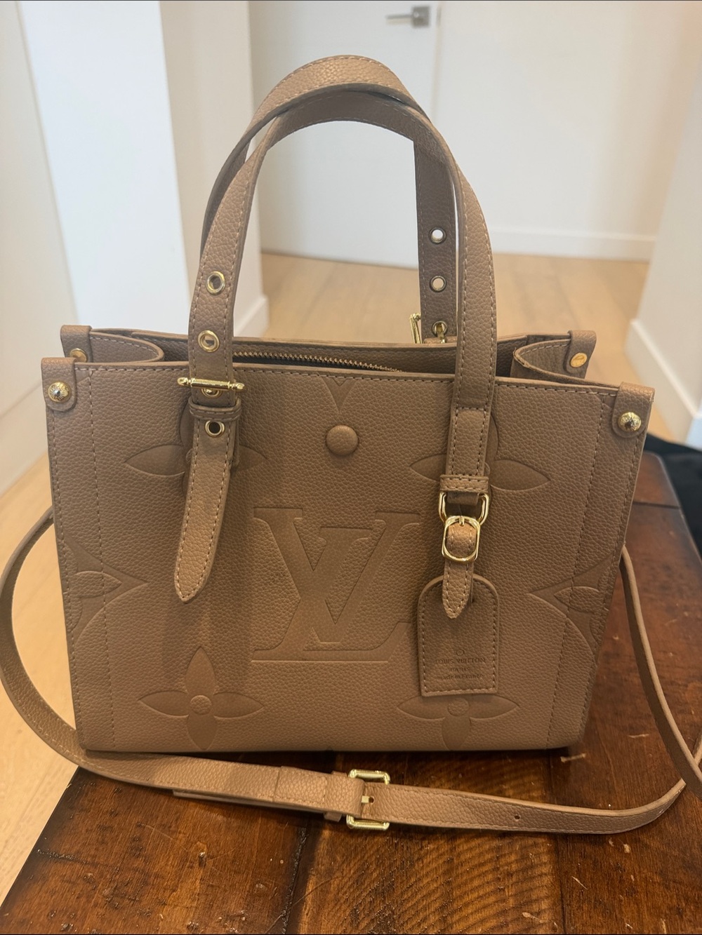 Tan Embossed Leather Crossbody Tote